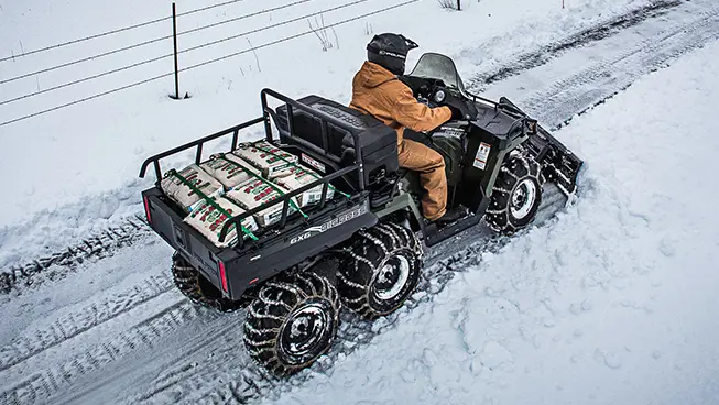aerial view of a sportsman 6x6 570 atv plowing snow
