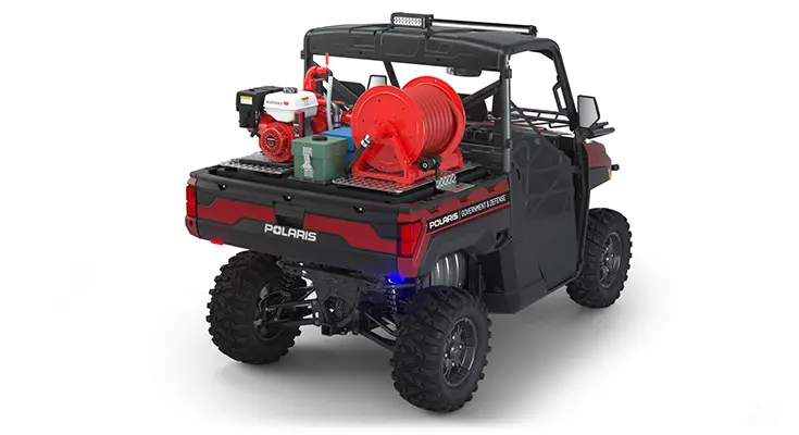 Rear view of the cargo box with firefighting kit on a polaris RANGER XP 1000 Premium with the Basic Firefighting Package