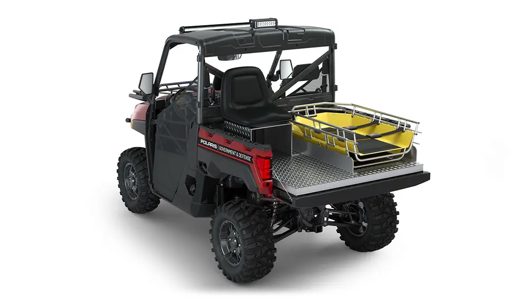Rear side view of the cargo box with rescue skid and attendant seat on a polaris RANGER XP 1000 Premium with the Basic Rescue Package