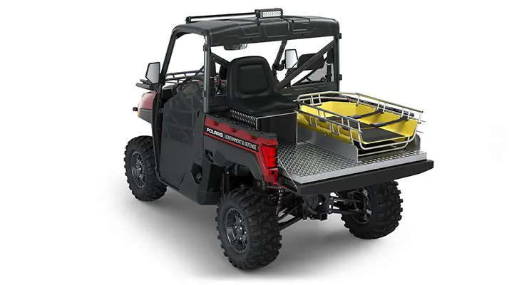 Rear side view of the cargo box with rescue skid and attendant seat on a polaris RANGER XP 1000 Premium with the Basic Rescue Package