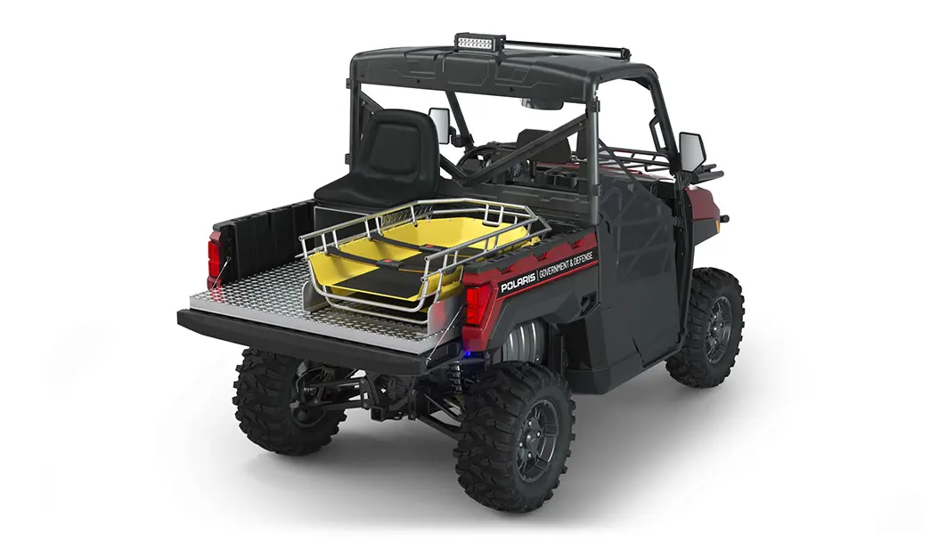 Rear view of the cargo box with rescue skid and attendant seat on a polaris RANGER XP 1000 Premium with the Basic Rescue Package