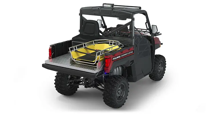 Rear view of the cargo box with rescue skid and attendant seat on a polaris RANGER XP 1000 Premium with the Basic Rescue Package