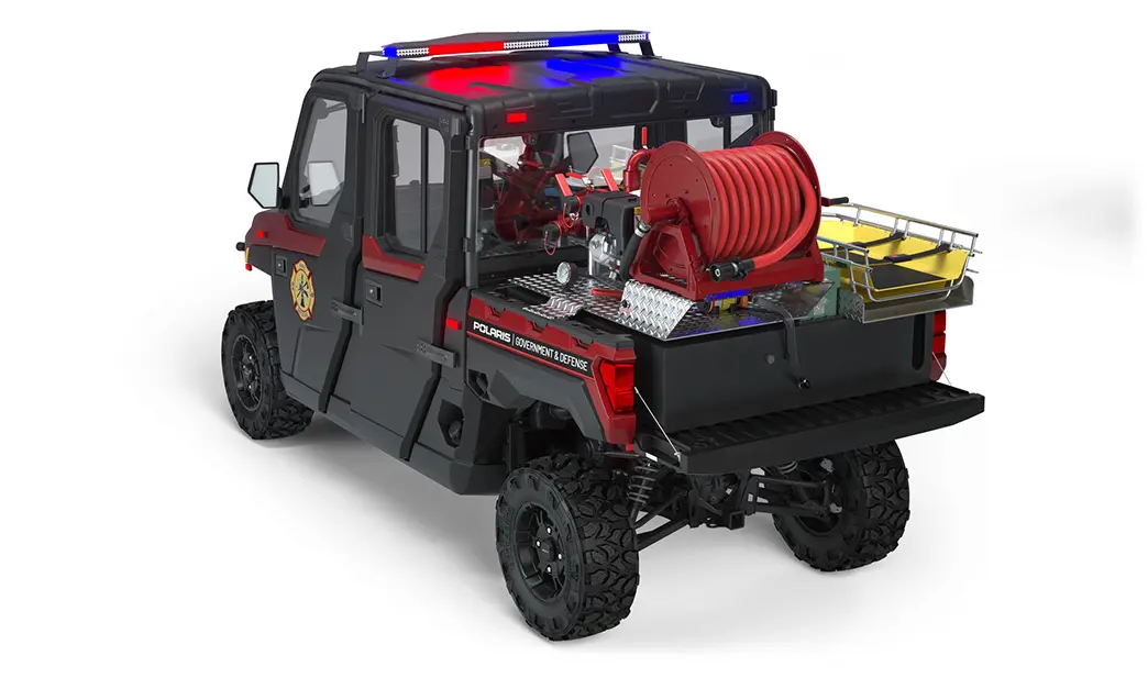 Rear side view of the cargo box with firefighting & rescue combo kit on a polaris RANGER CREW XP 1000 Premium Northstar Edition with the Premium Firefighting & Rescue Package