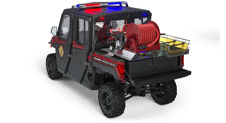 Rear side view of the cargo box with firefighting & rescue combo kit on a polaris RANGER CREW XP 1000 Premium Northstar Edition with the Premium Firefighting & Rescue Package