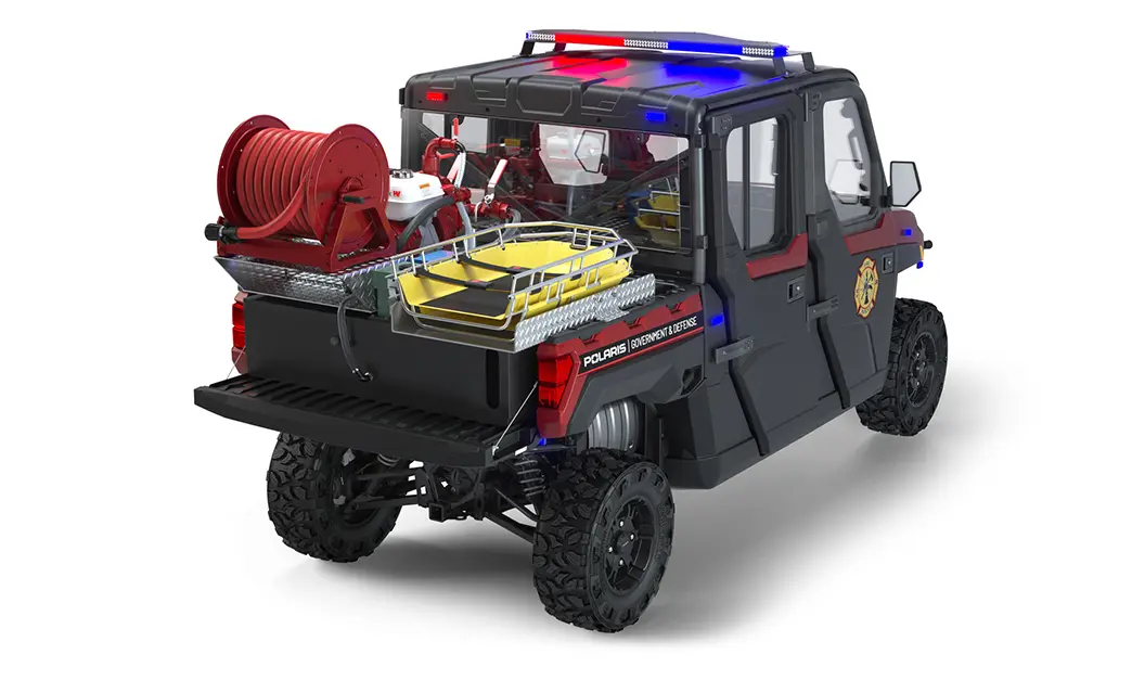 Rear view of the cargo box with firefighting & rescue combo kit on a polaris RANGER CREW XP 1000 Premium Northstar Edition with the Premium Firefighting & Rescue Package