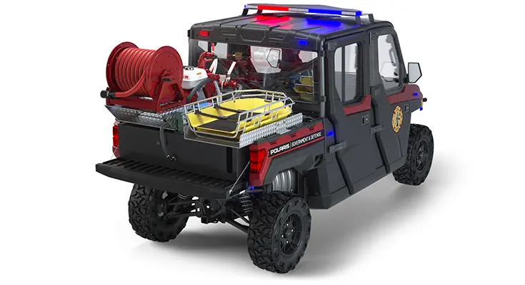 Rear view of the cargo box with firefighting & rescue combo kit on a polaris RANGER CREW XP 1000 Premium Northstar Edition with the Premium Firefighting & Rescue Package