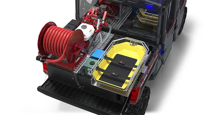 aerial view of the Cargo box with firefighting & rescue combo kit on a polaris RANGER CREW XP 1000 Premium Northstar Edition with the Premium Firefighting & Rescue Package