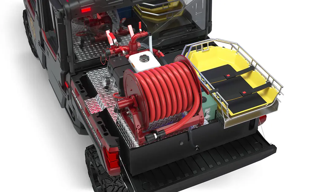 aerial view of the Cargo box with fire hose and rescue skid on a polaris RANGER CREW XP 1000 Premium Northstar Edition with the Premium Firefighting & Rescue Package
