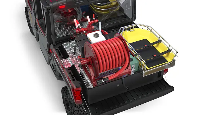 aerial view of the Cargo box with fire hose and rescue skid on a polaris RANGER CREW XP 1000 Premium Northstar Edition with the Premium Firefighting & Rescue Package