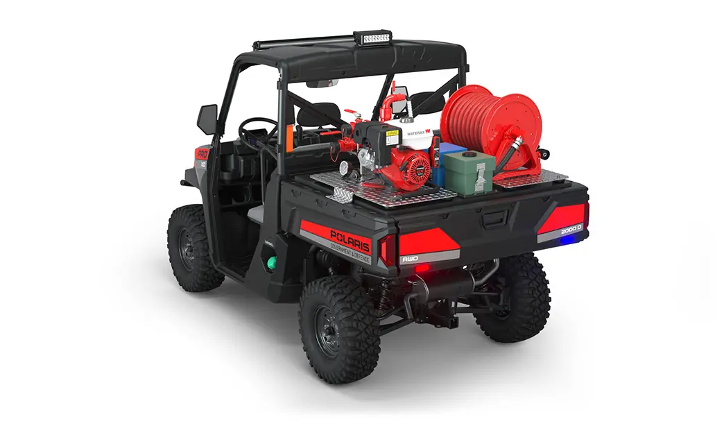 Rear side view of the cargo box on a polaris Pro XD Full-Size Diesel with the Basic Firefighting Package