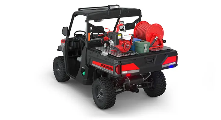 Rear side view of the cargo box on a polaris Pro XD Full-Size Diesel with the Basic Firefighting Package
