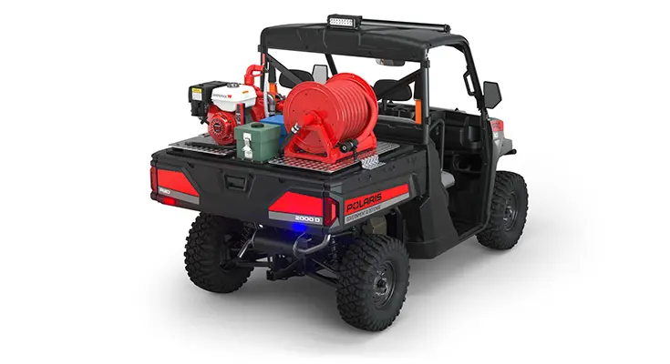 Rear view of the cargo box on a polaris Pro XD Full-Size Diesel with the Basic Firefighting Package
