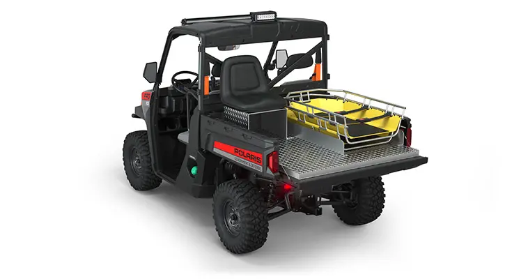 Rear side view of the cargo box on a polaris Pro XD Full-Size Diesel with the Basic Rescue Package