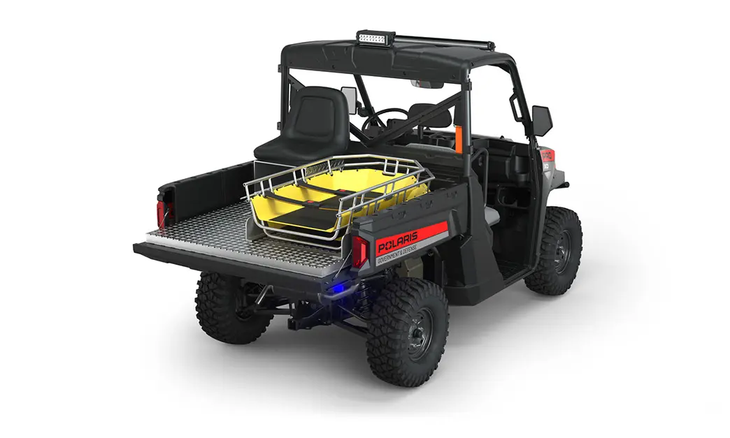 Rear view of the cargo box on a polaris Pro XD Full-Size Diesel with the Basic Rescue Package