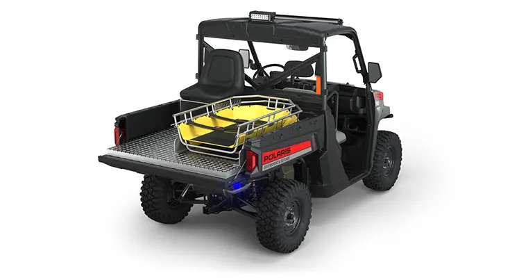 Rear view of the cargo box on a polaris Pro XD Full-Size Diesel with the Basic Rescue Package