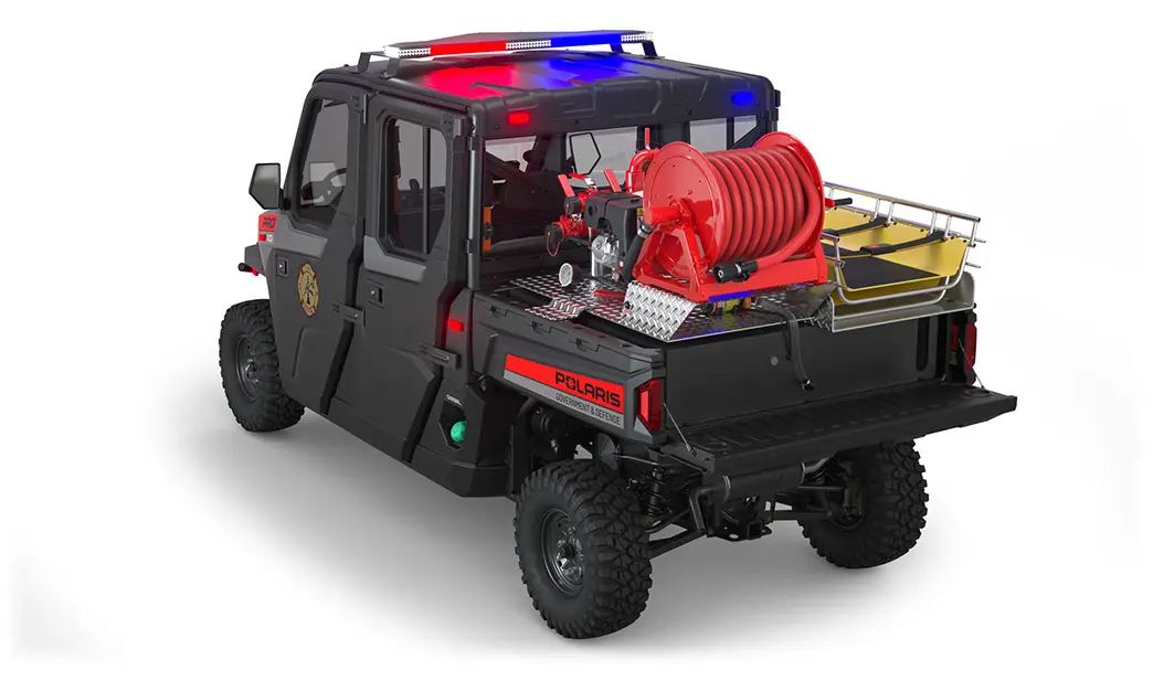 Rear side view of the cargo box with firefighting & rescue combo kit on a polaris Pro XD Full-Size Diesel Crew with the Premium Firefighting And Rescue Package