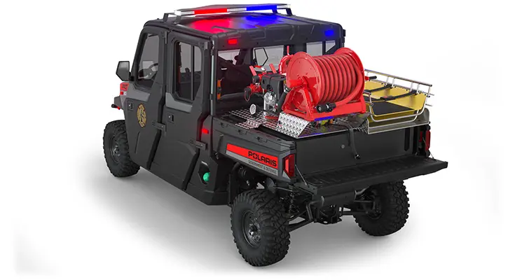 Rear side view of the cargo box with firefighting & rescue combo kit on a polaris Pro XD Full-Size Diesel Crew with the Premium Firefighting And Rescue Package