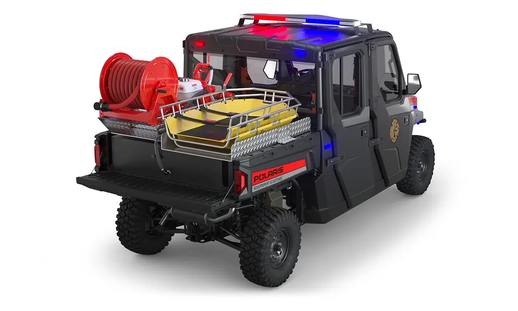 Rear view of the cargo box with firefighting & rescue combo kit on a polaris Pro XD Full-Size Diesel Crew with the Premium Firefighting And Rescue Package