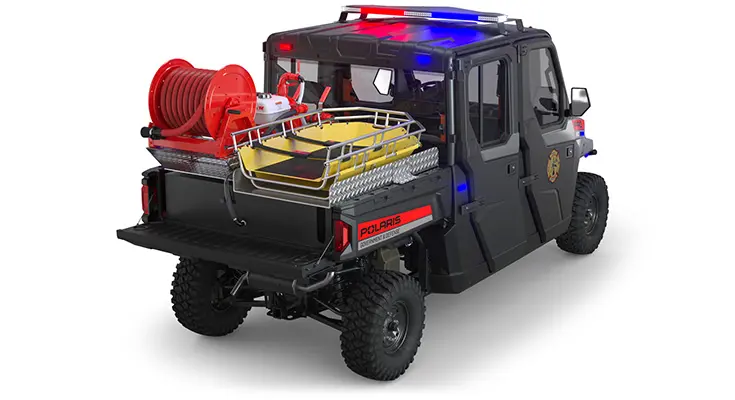 Rear view of the cargo box with firefighting & rescue combo kit on a polaris Pro XD Full-Size Diesel Crew with the Premium Firefighting And Rescue Package