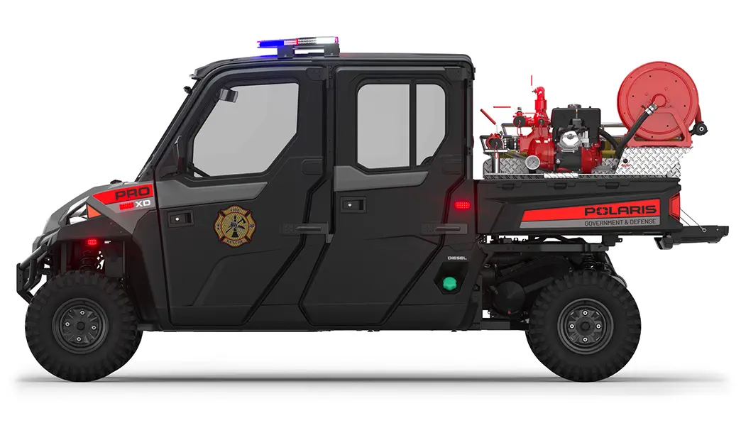 Left side view of a polaris Pro XD Full-Size Diesel Crew with the Premium Firefighting And Rescue Package