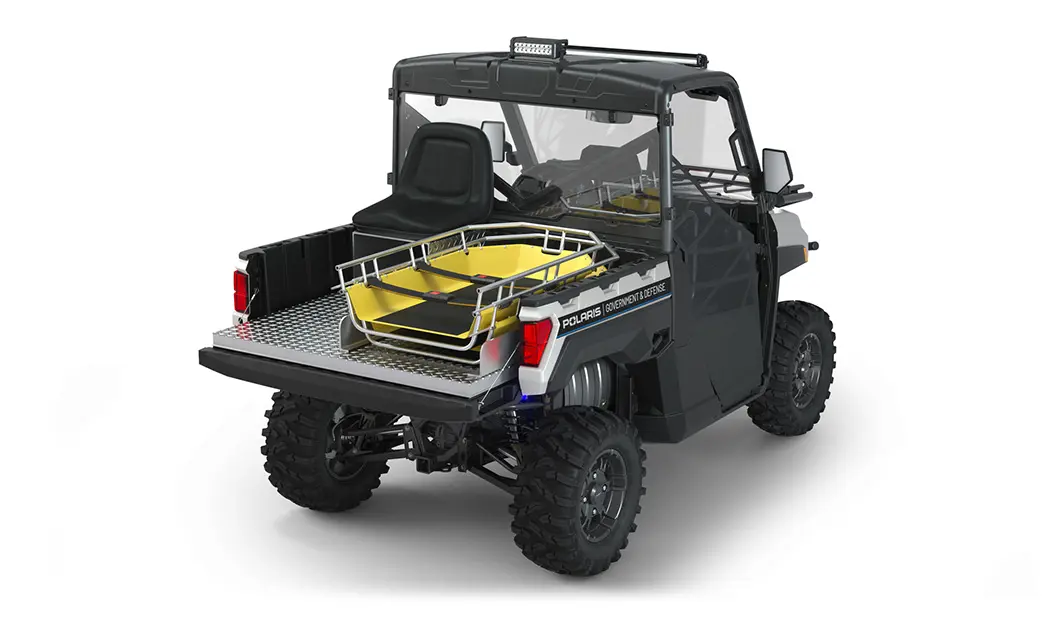 Rear side view of the cargo box with rescue skid and attendant seat on a polaris RANGER XP 1000 Premium with the Deluxe Rescue and Patrol Package