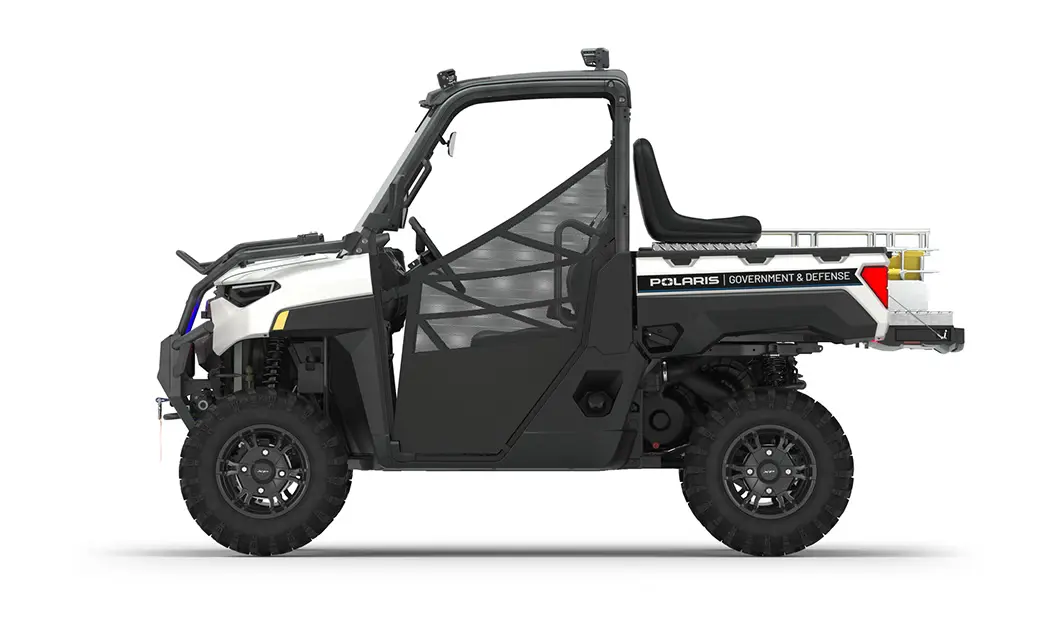 Rear view of the cargo box with rescue skid and attendant seat on a polaris RANGER XP 1000 Premium with the Deluxe Rescue and Patrol Package