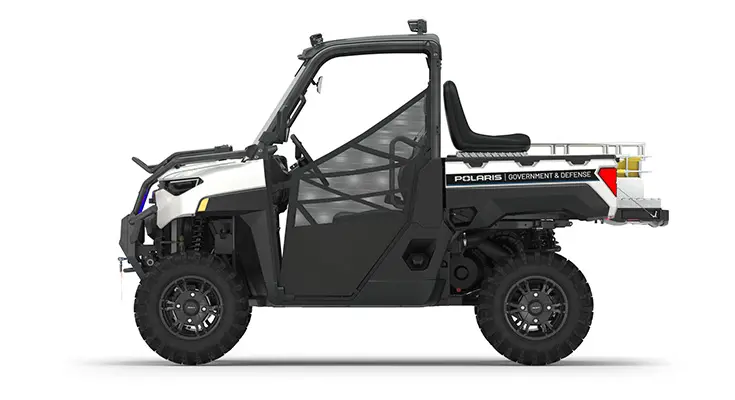 Rear view of the cargo box with rescue skid and attendant seat on a polaris RANGER XP 1000 Premium with the Deluxe Rescue and Patrol Package