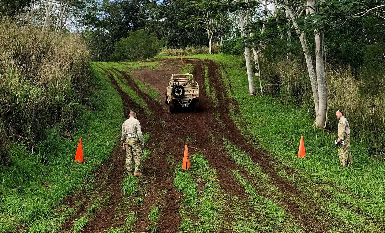 Two militaries training with a Military vehicle