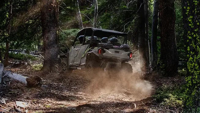 rear view of a general xp 1000 side by side utv in a forest