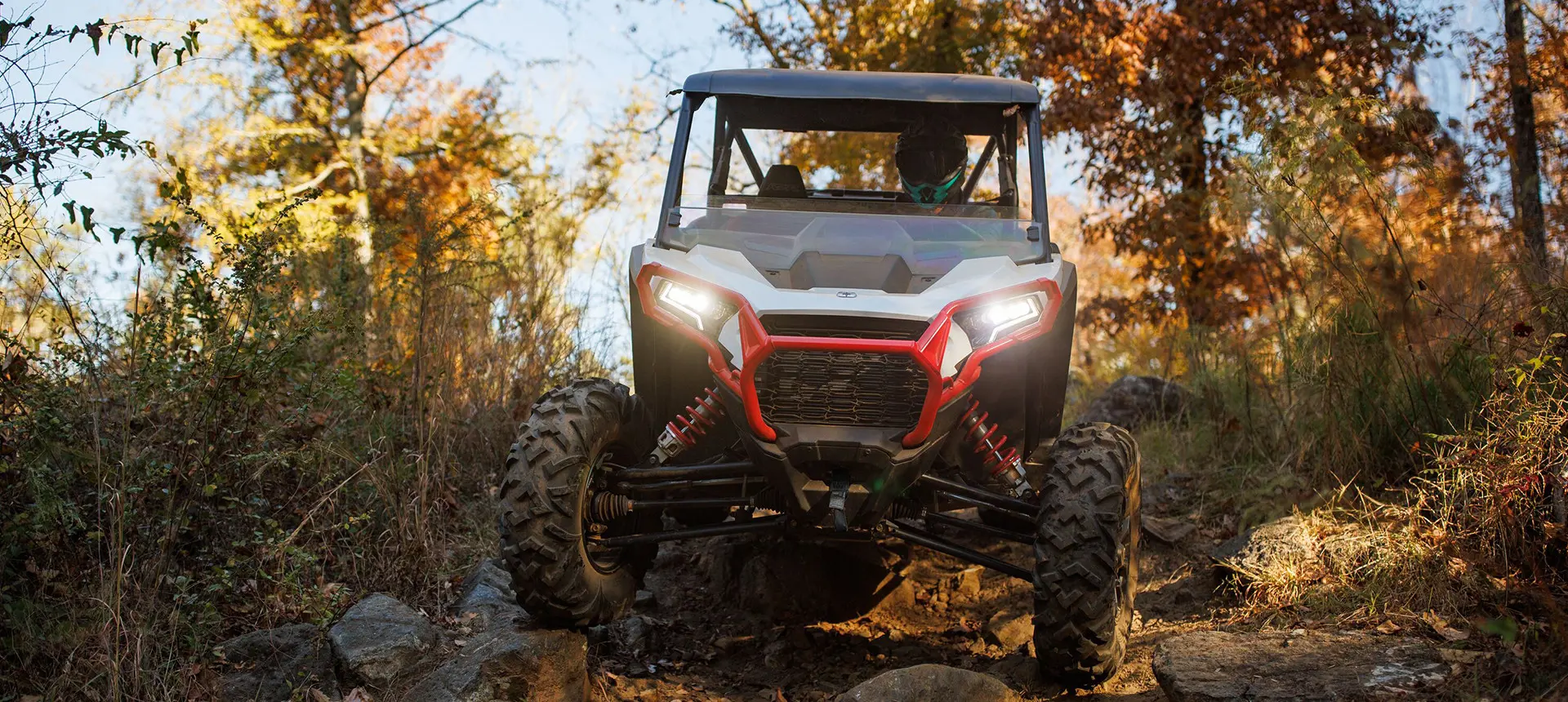 front view of a RZP XP side by side in the forest