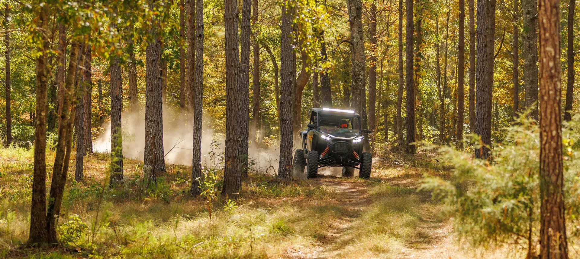 RZR XP side by side driving down a forest trail