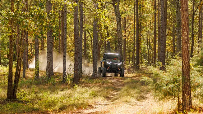 RZR XP side by side driving down a forest trail
