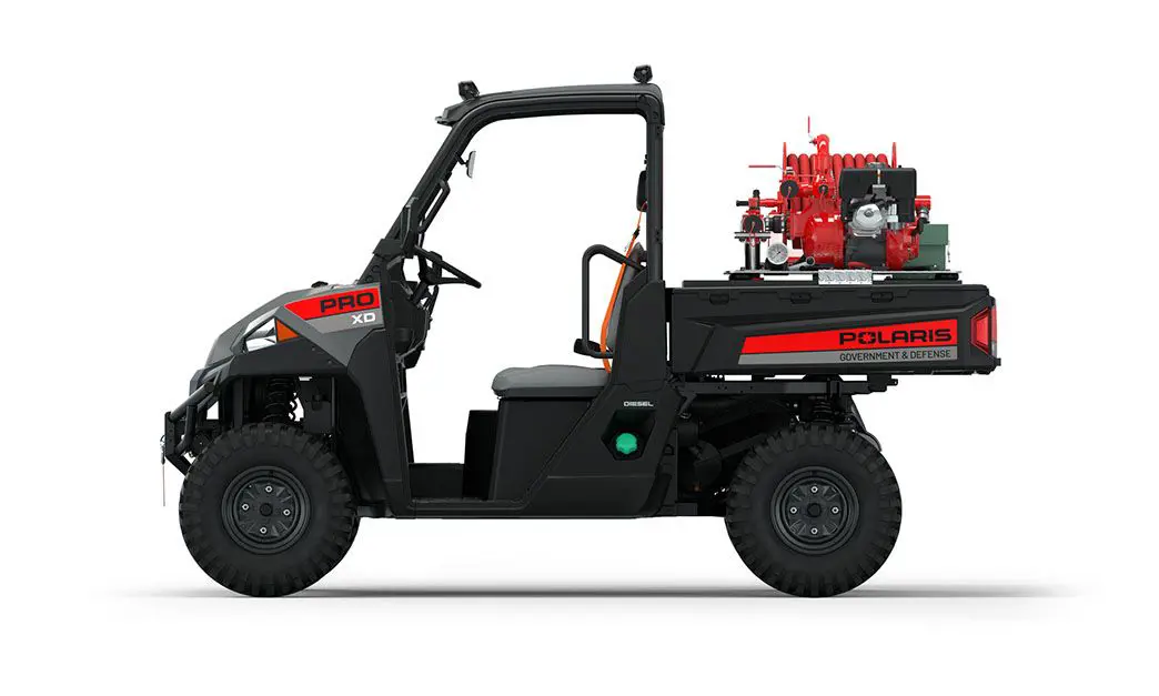 Rear side view of the cargo box on a polaris Pro XD Full-Size Diesel with the Basic Firefighting Package