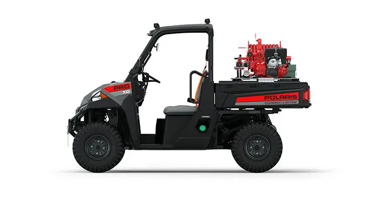Rear side view of the cargo box on a polaris Pro XD Full-Size Diesel with the Basic Firefighting Package