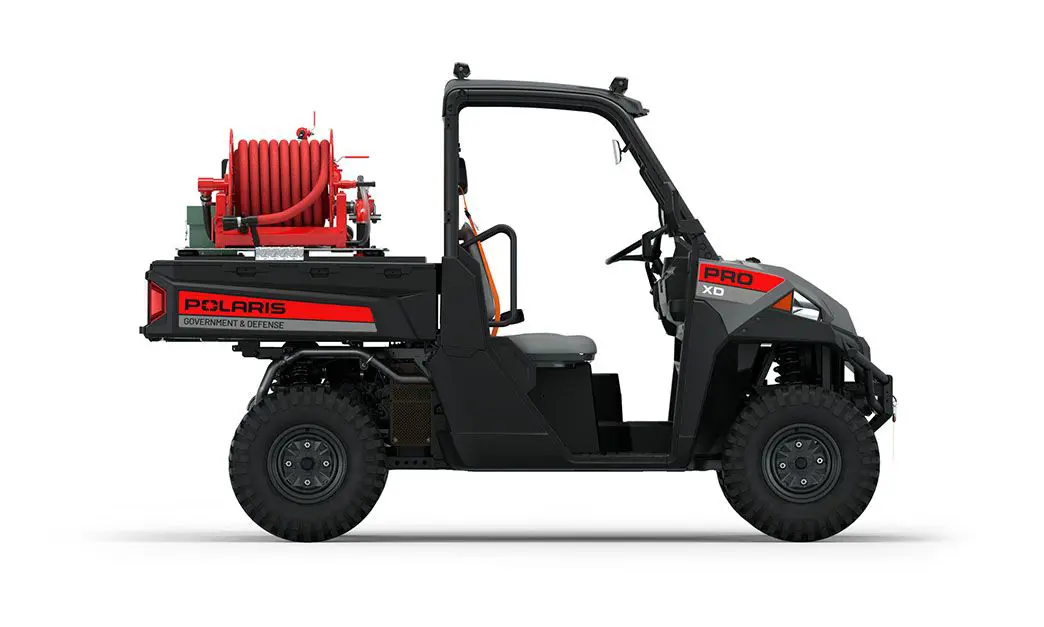 Rear view of the cargo box on a polaris Pro XD Full-Size Diesel with the Basic Firefighting Package
