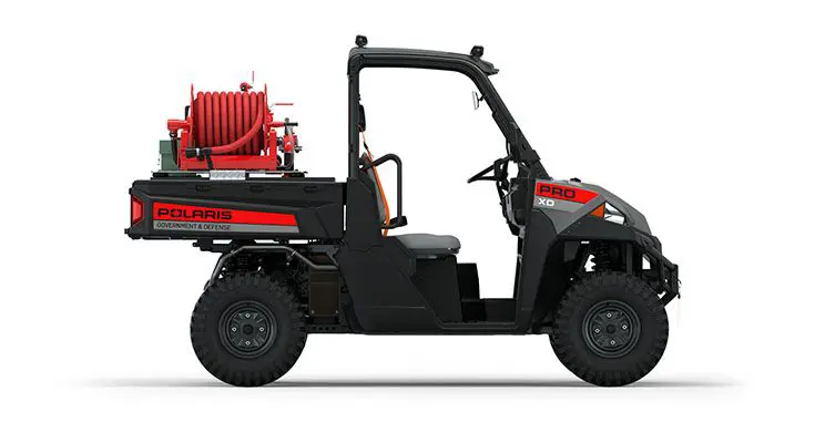 Rear view of the cargo box on a polaris Pro XD Full-Size Diesel with the Basic Firefighting Package