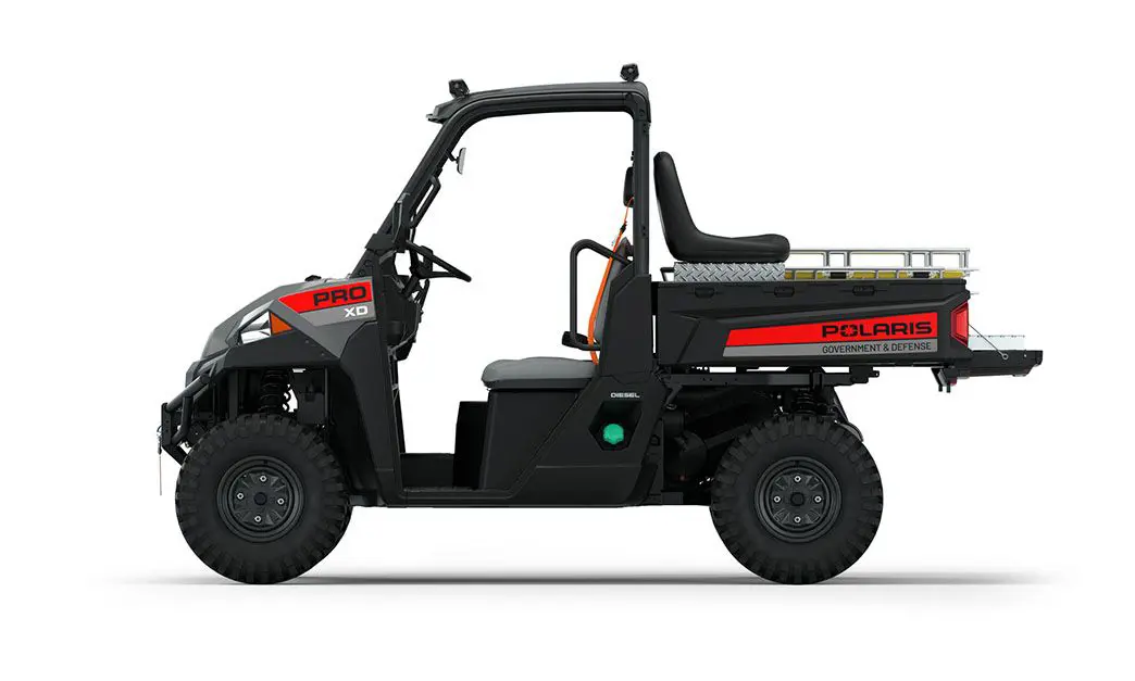 Rear side view of the cargo box on a polaris Pro XD Full-Size Diesel with the Basic Rescue Package