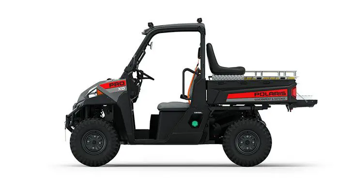 Rear side view of the cargo box on a polaris Pro XD Full-Size Diesel with the Basic Rescue Package