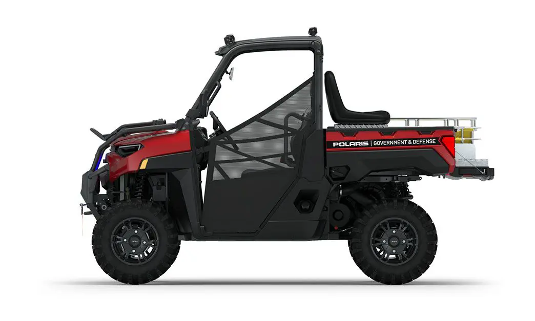 Rear side view of the cargo box with rescue skid and attendant seat on a polaris RANGER XP 1000 Premium with the Basic Rescue Package