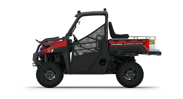 Rear side view of the cargo box with rescue skid and attendant seat on a polaris RANGER XP 1000 Premium with the Basic Rescue Package