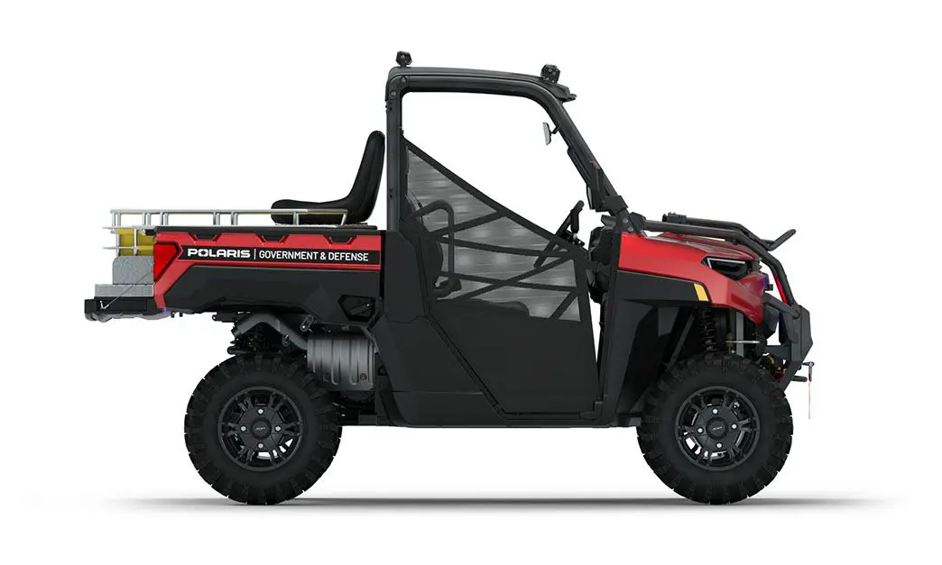 Rear view of the cargo box with rescue skid and attendant seat on a polaris RANGER XP 1000 Premium with the Basic Rescue Package
