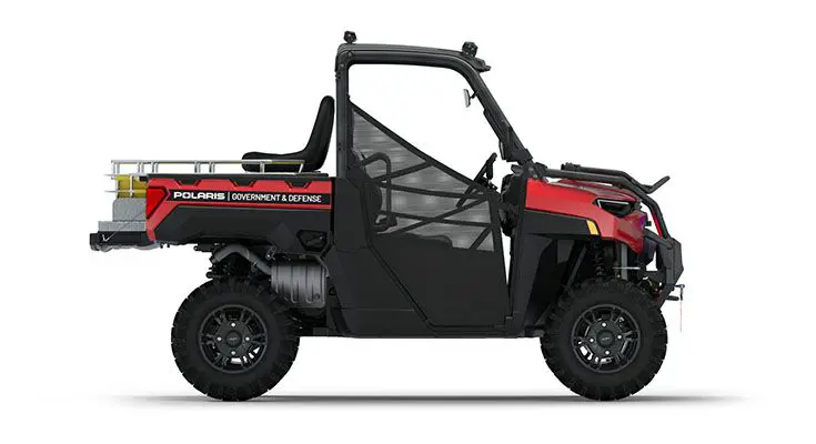 Rear view of the cargo box with rescue skid and attendant seat on a polaris RANGER XP 1000 Premium with the Basic Rescue Package