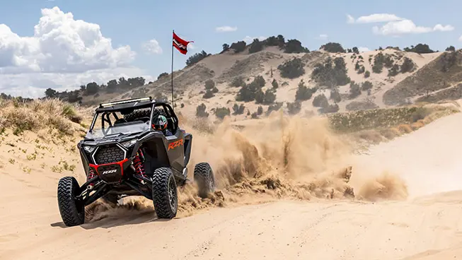 Polaris RZR Pro S side-by-side throwing sand in the desert.