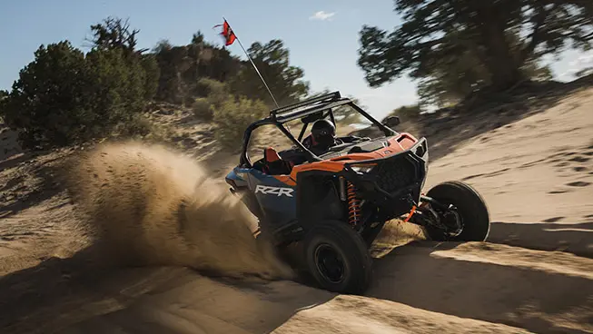 Polaris RZR Pro S side-by-side cruising down a desert trail.