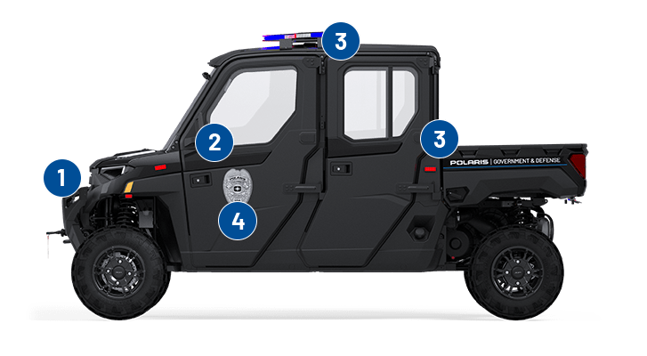 Emergency lighting, customizable graphics, siren and pa system, and familiar controls with law enforcement application packages for Polaris Government vehicles.
