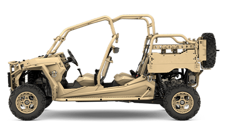 4-seat ultra-light tactical vehicle with roll cages and large rear boxes.