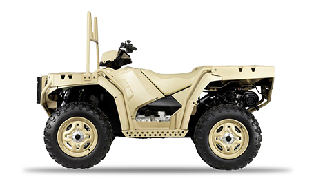 A single-seat rugged, military 4-wheeler with a front and rear bed.