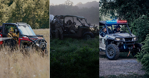 Collage of 3 images with Fire & Rescue, Military and Law Enforcement Polaris Government Vehicles in different kind of terrains.