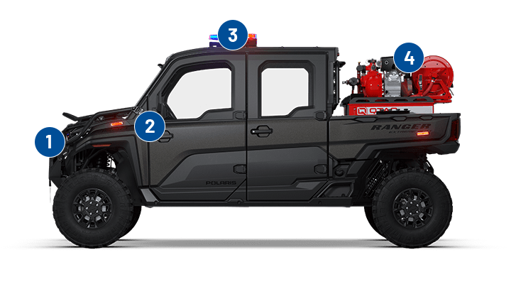 Emergency lighting, customizable graphics, siren and pa system, fire/rescue skids and familiar controls with fire & rescue application packages for Polaris Government vehicles. 