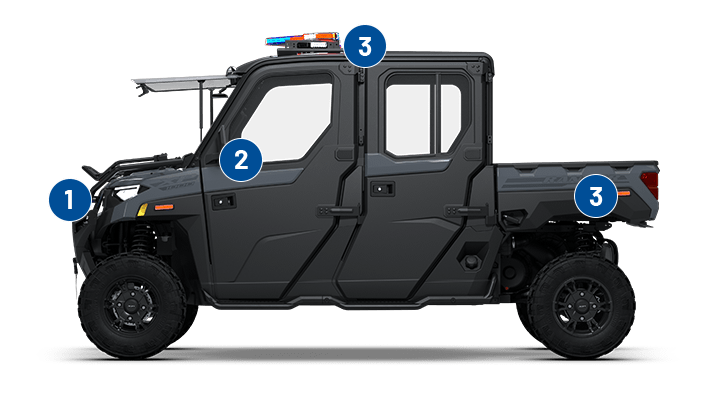 Emergency lighting, customizable graphics, siren and pa system, and familiar controls with law enforcement application packages for Polaris Government vehicles. 